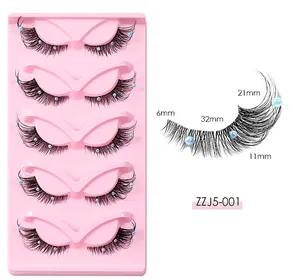 Detail of 5 pairs of fox-eye false eyelashes with blue pearls and size measurements