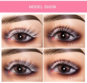 Close-up model showcase of various white synthetic false eyelashes for stage and party makeup