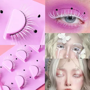 Artistic White Colorful False Eyelashes With Pearl Decoration For Cosplay Stage Makeup Dramatic Long Thick Synthetic Fiber Eyelashes Party Makeup Accessory