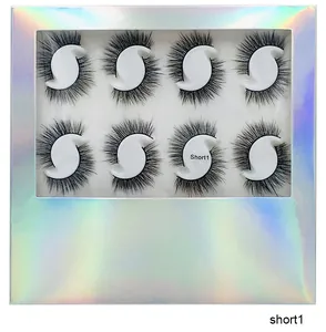 Detail of 8 pairs of dense black fiber eyelashes in a colorful holographic laser box