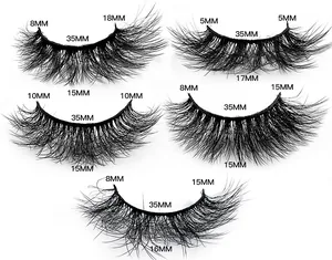 Detailed size chart showing 5 pairs of fluffy mink-style lashes with lengths 5mm to 18mm