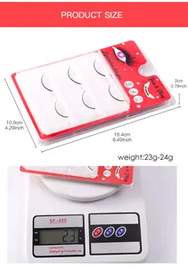 Detailed size measurement of 3 pairs false eyelashes showing 16.4x10.9x2cm and 23g weight