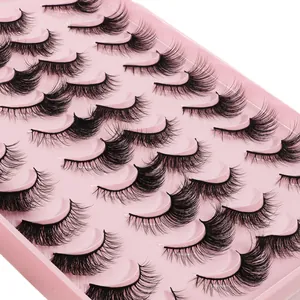 20 pairs of natural thick fox-eye false eyelashes in a pink case for a fluffy cat-eye look