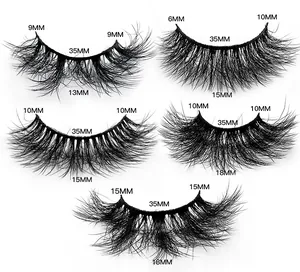 Detailed size guide showing lengths from 6mm to 18mm for messy faux mink false eyelashes