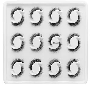 Close-up view of 12 pairs of dense black synthetic fiber false eyelashes in Short2 size