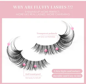 Detailed view of dense cat-eye eyelashes with pink pearls and clear band design