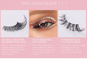 Detail of 5 pairs handmade fox-eye lashes with colorful pearls and rhinestones on pink background