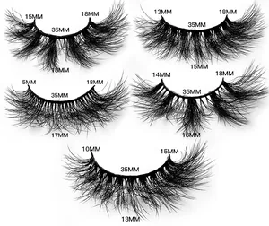 Detail of 5 pairs of 3D mink style false eyelashes showing different lengths and density