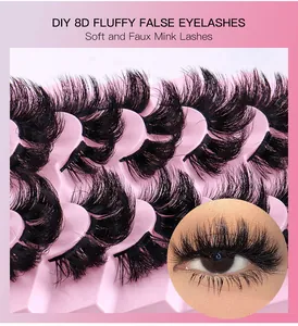 Makroaufnahme von 8D flauschigen Faux-Mink DIY Wimpernclustern auf rosa Tablett mit Tragebild