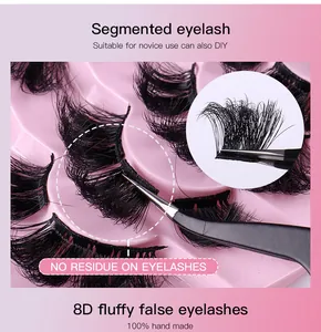 Detailaufnahme von 8D flauschigen segmentierten Wimpern mit Pinzette für einfaches DIY-Auftragen
