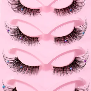 Faux mink cat-eye eyelashes with colorful pearl accents and clear band 5-pair set