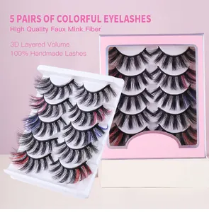 Detailed macro view of 5 pairs 3D layered faux mink eyelashes with colorful highlights