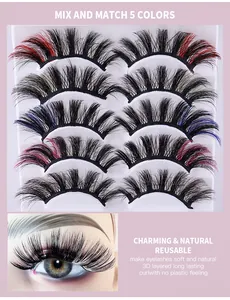 Detailed view of 3D layered colorful false eyelashes in a five-pair assorted pack