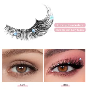 Fox-eye false eyelashes with blue pearls and transparent band for natural stage makeup