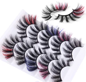 Macro detail of multi-color thick faux mink eyelashes with curly texture for creative makeup