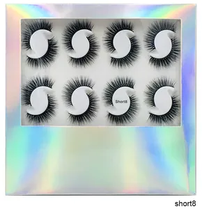 Detail of 4 pairs of dense black eyelashes in a laser colorful box labeled Short8