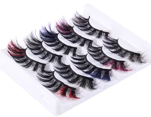 Close-up of 7 pairs colorful faux mink eyelashes with red blue purple fiber accents