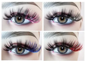 Collage of four colored eyelash extensions in pink, white, blue, and red for party makeup