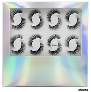 Detail of 4 pairs of thick Short9 false eyelashes in a silver holographic laser box