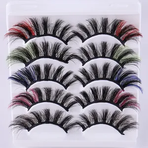 5 pairs of thick curly faux mink eyelashes with colorful fiber accents in red blue and pink