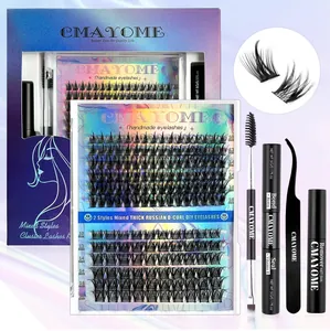 DIY eyelash extension kit featuring D-curl clusters with bond, seal, and remover tools