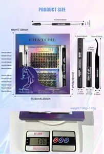 Size chart for DIY lash extension kit with 10-16mm cluster lashes and tool measurements