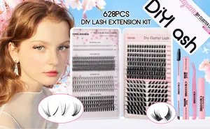 DIY eyelash extension kit with 628 clusters, lash bond, sealer, and tweezers set