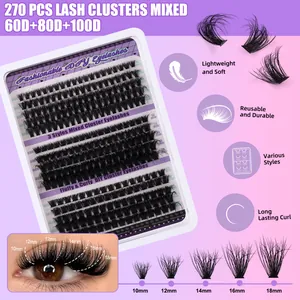 Detail view of 270 PCS mixed 60D 80D 100D DIY segmented fluffy eyelashes in 10-18mm tray