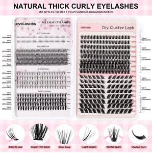 Detail view of DIY individual lash clusters showing 5-16mm lengths and superfine band