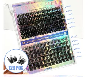 Macro view of D-curl Russian cluster lashes in mixed 10-16mm lengths for DIY lash extension
