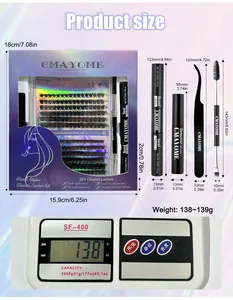 Detailed size and weight measurement of DIY cluster lash kit with tools and glue