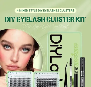DIY eyelash extension kit featuring fox and cat eye clusters with glue and tweezers