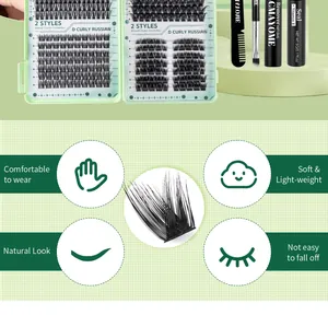 DIY eyelash extension kit featuring cat-eye cluster lashes, tweezers, and sealing liquid