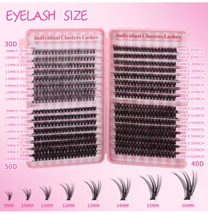 Detailed size chart showing 30D 40D 50D individual lash cluster lengths from 9mm to 16mm