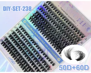 Detailed close-up of Russian D-curl 50D and 60D DIY cluster lash extensions in box