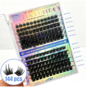 Macro detail of D-curl Russian DIY cluster lashes in varying lengths from 10mm to 16mm
