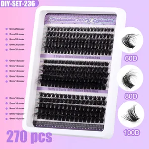 Detail view of 270 DIY lash clusters kit with 60D 80D 100D density and 10-18mm lengths