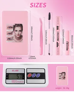 Size chart showing DIY lash kit dimensions including tweezers, glue, and weight measurement