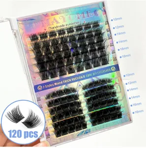 Detail of 120pcs Mixed Russian D-Curl DIY cluster lashes in 10-16mm holographic packaging