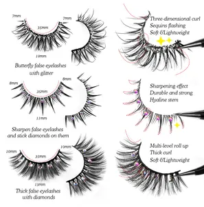 Macro detail of rhinestone false eyelashes with size specs and clear hyaline stem