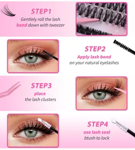 Four-step tutorial showing application of DIY individual lash clusters with tools