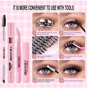 DIY eyelash extension kit with glue, tweezers and brush on pink checkered background