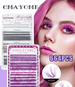 Detail of 664pcs purple and black mixed DIY eyelash clusters ranging from 4mm to 16mm