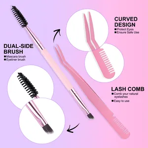 Dual-side eyelash brush and pink curved tweezers set for DIY individual lash application