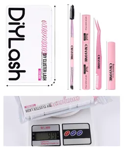 DIY lash extensions kit detail with adhesive, seal, remover, and tweezers measurement