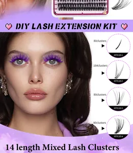 Detailed DIY lash extension kit featuring 14 mixed lengths and vibrant purple cluster lashes