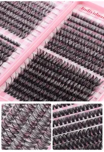 Macro detail of 30D 40D segmented cluster lashes with lengths from 9mm to 16mm