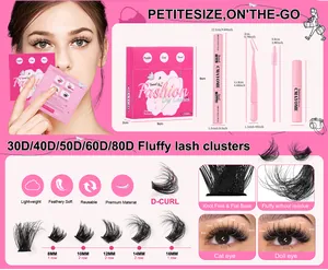 Kit d'extension de cils DIY avec grappes 30D-80D, colle, scellant et applicateur rose