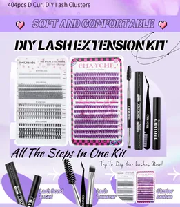 Detail view of DIY eyelash extension kit with 404 clusters in purple and black colors