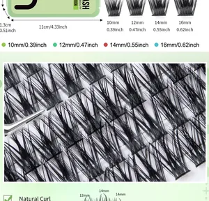 Sizing chart for DIY cluster lashes showing lengths 10mm to 16mm and box dimensions